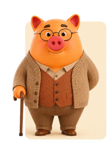 Porquinho aposentado com óculos